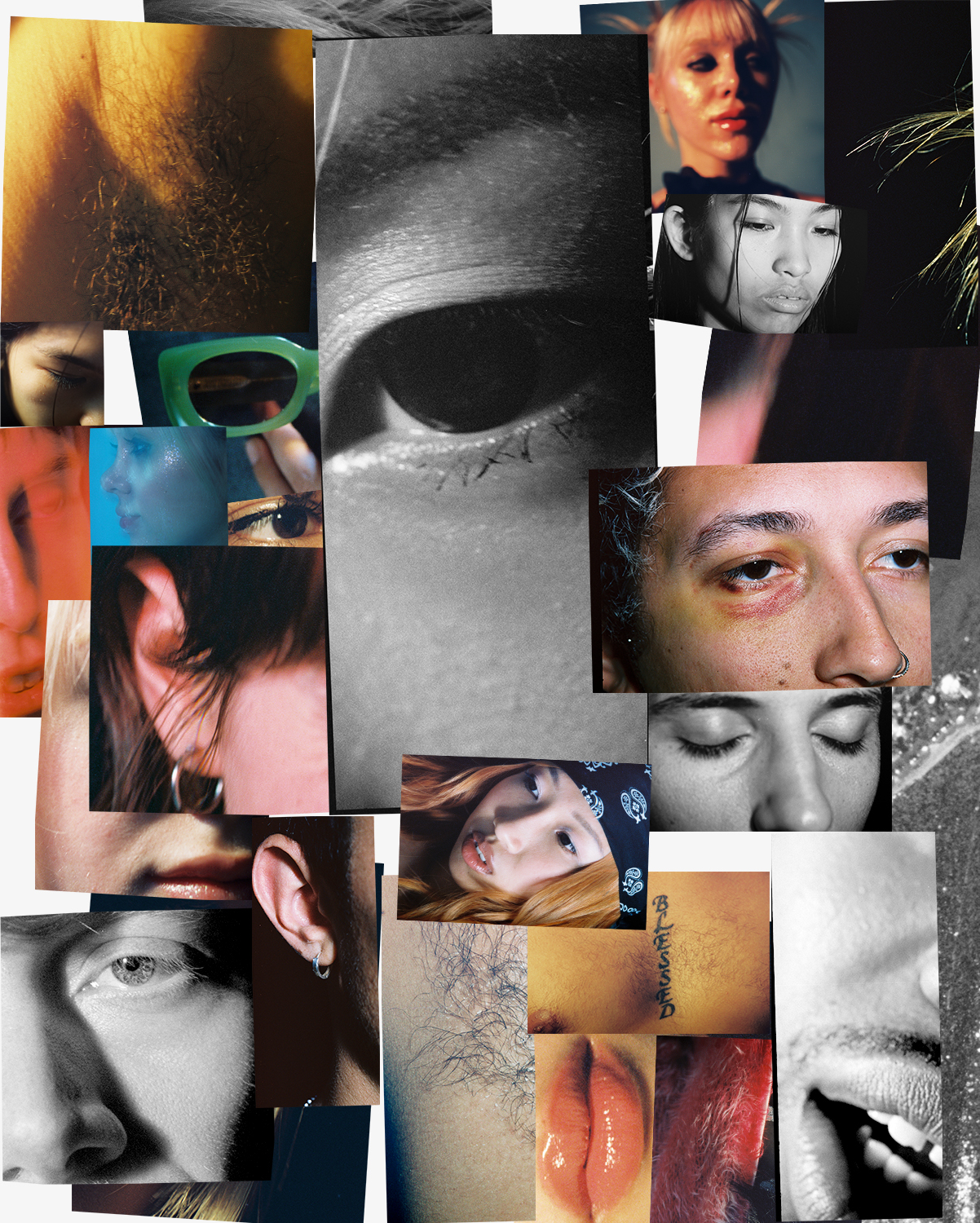 a digital collage of photos from the shoot. The through line of the images is a close cropped images of stylized hair, eyes, and lips